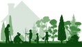 Green yard. Planting tree by famile in yard near house, silhouette. Landscaping of garden. Vector illustration Royalty Free Stock Photo