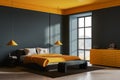 Green and yellow bedroom interior with bed, sideboard and window. Mock up Royalty Free Stock Photo