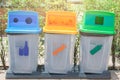 Green, yellow and blue recycle bins with recycle symbol Waste bin at the public park with copy space sign Royalty Free Stock Photo