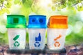 Green, yellow, blue and recycle bins with recycle symbol isolated on Natural bokeh background Royalty Free Stock Photo