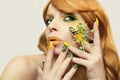 Green yellow bright fashion makeup and manicure . Royalty Free Stock Photo