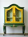 a green and yellow cabinet with a spider web on it