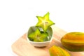 Green and yellow color of starfruit on white background