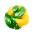 Green and yellow colored whole bellpepper. Bell pepper, one paprica isolated on white background. Pepper macro, studio
