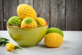 Green yellow crocheted easter eggs Royalty Free Stock Photo