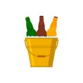 Beer bottles in a metal golden bucket with ice cubes. Vector colored picture and icon on white background. Royalty Free Stock Photo