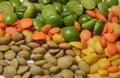 Green and yellow dried Peas and brown and orange lentils