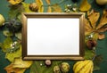 Green yellow autumn harvest around gold blank frame top view background