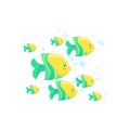 Green And Yellow Fantastic Tropical Fish School Set Of Marine Animals