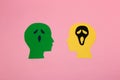 green and yellow head on pink background with ghost face brain, flat lay, creative halloween concept