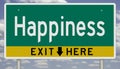 Green and yellow highway sign for HAPPINESS Royalty Free Stock Photo