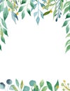 Green and yellow leaves aquarell hand drawn raster frame template