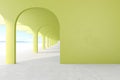 Green, yellow lime color architectural corridor with empty wall, concrete floor, horizon line.