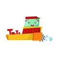 Green And Yellow Paddle Steamer Boat, Cute Girly Toy Wooden Ship With Face Cartoon Illustration Royalty Free Stock Photo