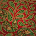 Green And Yellow Paisley On A Red Background.