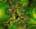 Green yellow phosphorescent black hypnotic fractal, abstract flowery spiral shapes, background Royalty Free Stock Photo