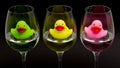 Green, yellow and pink rubber ducks in wineglasses Royalty Free Stock Photo