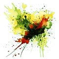 Green yellow red black watercolor splash blot splatter stain on white background. Colorful watercolor brush strokes pattern. Royalty Free Stock Photo