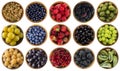 Green, yellow, red, blue and black food. Berries isolated on white. Collage of different colors fruits and berries on a white back Royalty Free Stock Photo