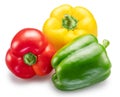 Green, yellow and red sweet peppers on white background. File contains clipping path Royalty Free Stock Photo