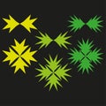 Green yellow stars. Spike shape objects. Black background Vector. Abstract light burst. Royalty Free Stock Photo