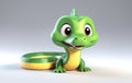 A green and yellow toy snake sits on a white surface Royalty Free Stock Photo