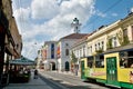 Green and yellow tram in Miskolc