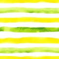 Green and yellow watercolor stripes seamless pattern on white background. Bright abstract hand painted repeat print