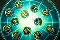 Green yellow zodiac signs over blue horoscope like astrology concept