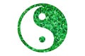 Green yin-yang symbol made of mosaic pieces on a white background