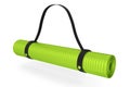 Green yoga mat or lightweight foam camping bed roll pad isolated on white.