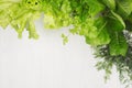 Green young salad leaves as frame on white wood board, top view.