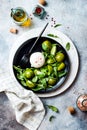 Green zebra tomatoes and burrata cheese salad with fresh arugula, olive oil and toasted bread.