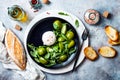 Green zebra tomatoes and burrata cheese salad with fresh arugula, olive oil and toasted bread. Royalty Free Stock Photo