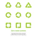 Green zero waste symbols set on the white background. Reuse, renew, compost food waste, concept. Recycle symbol vector