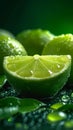 Green zest Lime slice with glistening water drops, a vibrant display Royalty Free Stock Photo