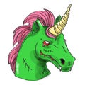 Green zombie unicorn head vector isolated. Halloween