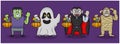 Green Zombie, White Ghost, Dracula, and Mummy. Halloween Set Mascot Characters