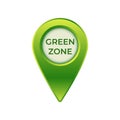 Green zone icon shaped like a location pin with gradient green and bold text design