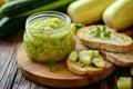 Green zucchini spread in a glass jar Ai photo