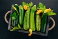 Green zucchini in a wooden box. Fresh vegetables. On a black wooden background. Royalty Free Stock Photo