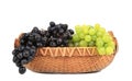 Greenand black grapes in basket.