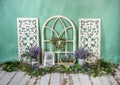 Greenery decorations with lavender, flowers and fireplace, romantic mood