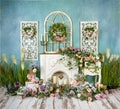Greenery decorations with lavender, pink, blue flowers and fireplace, romantic mood Royalty Free Stock Photo