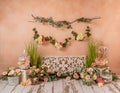 Greenery decorations with peach, somon, flowers and fireplace, romantic mood Royalty Free Stock Photo