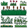 Greenery green grass flower plants and decorative verdure vector flat isolated icons