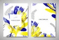 Greenery greeting/invitation card template design, blue and yellow protea flowers with hand drawn doodle graphics on white