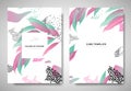 Greenery greeting/invitation card template design, pink and green leaves with hand drawn doodle graphics on white background