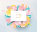 Greenery greeting/invitation card template design, tulip and hibiscus flowers and leaves with frame, pink, yellow and blue tones