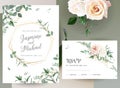 Greenery, pink an creamy rose flowers vector design invitation frames Royalty Free Stock Photo